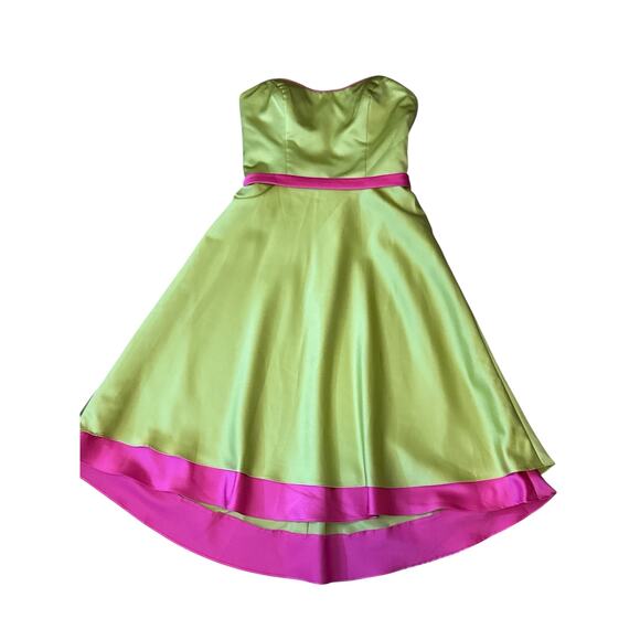Y2K Yellow Green Pink Satin Strapless Dress Womens 8 HOCO Prom Dance Party Retro - Picture 1 of 5